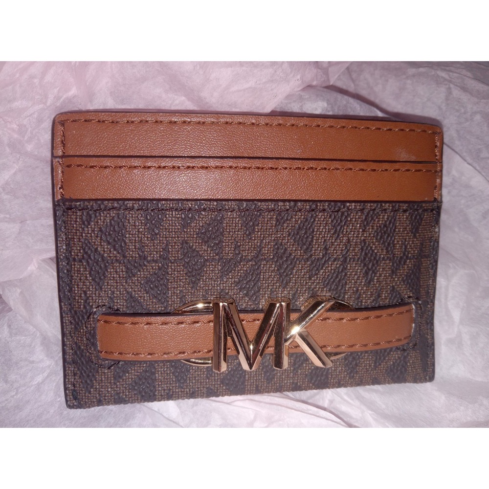 Authentic Michael Kors Reed Large Card Holder Wallet Brown MK Signature Logo